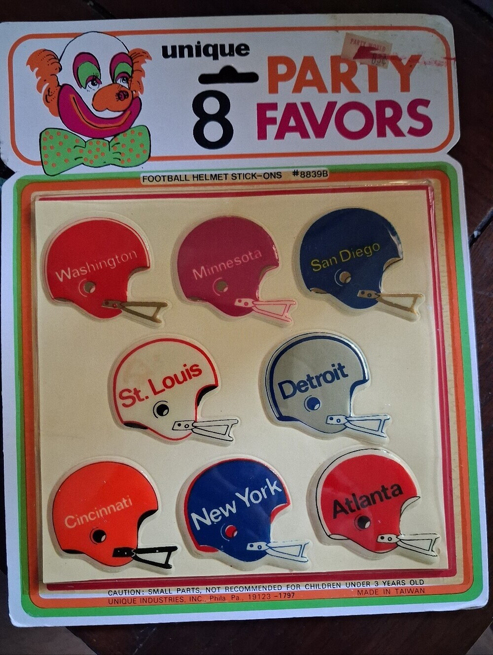 vintage 80's UNIQUE party favors puffy football helmets sticker package